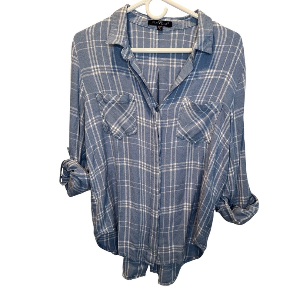 Velvet Heart Womens Blue White Plaid Flannel Button Down Roll Tab Sleeve Top XL